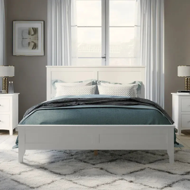 White Solid Pine Wood Full Platform Bed with Headboard