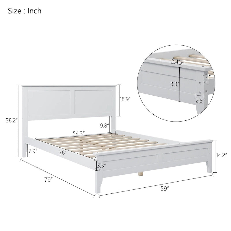 White Solid Pine Wood Full Platform Bed with Headboard