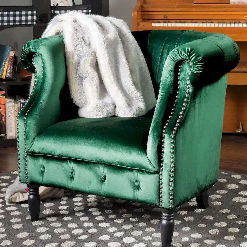 Tufted Velvet Club Chair with Birch Wood Legs