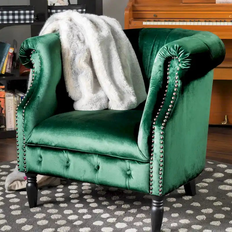 Tufted Velvet Club Chair with Birch Wood Legs