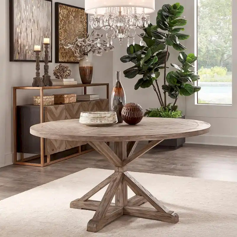 Rustic Round Dining Table with X-Base Pedestal – Distressed Pine Finish
