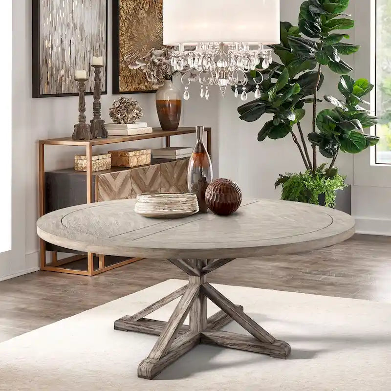 Rustic Round Dining Table with X-Base Pedestal – Distressed Pine Finish