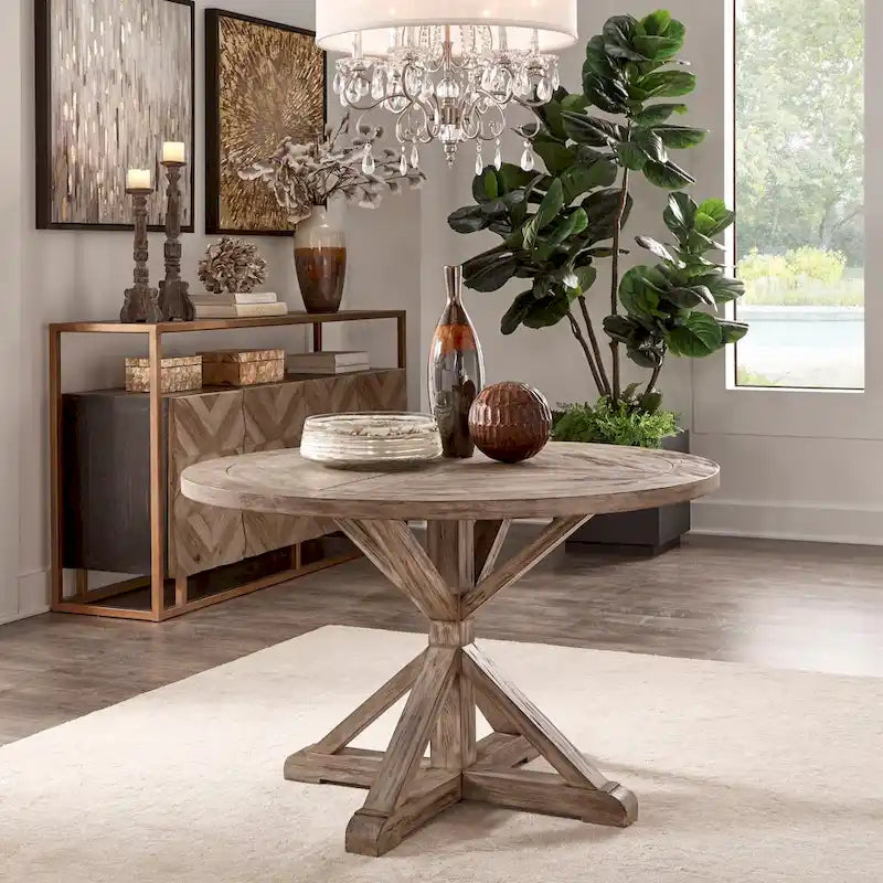 Rustic Round Dining Table with X-Base Pedestal – Distressed Pine Finish