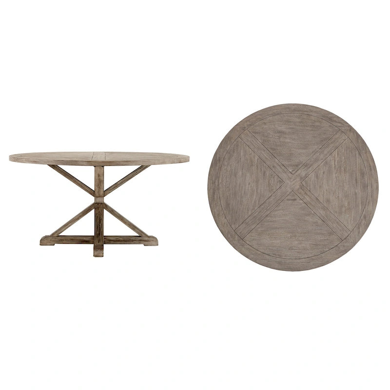 Rustic Round Dining Table with X-Base Pedestal – Distressed Pine Finish