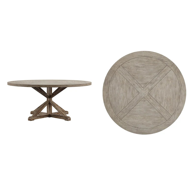 Rustic Round Dining Table with X-Base Pedestal – Distressed Pine Finish