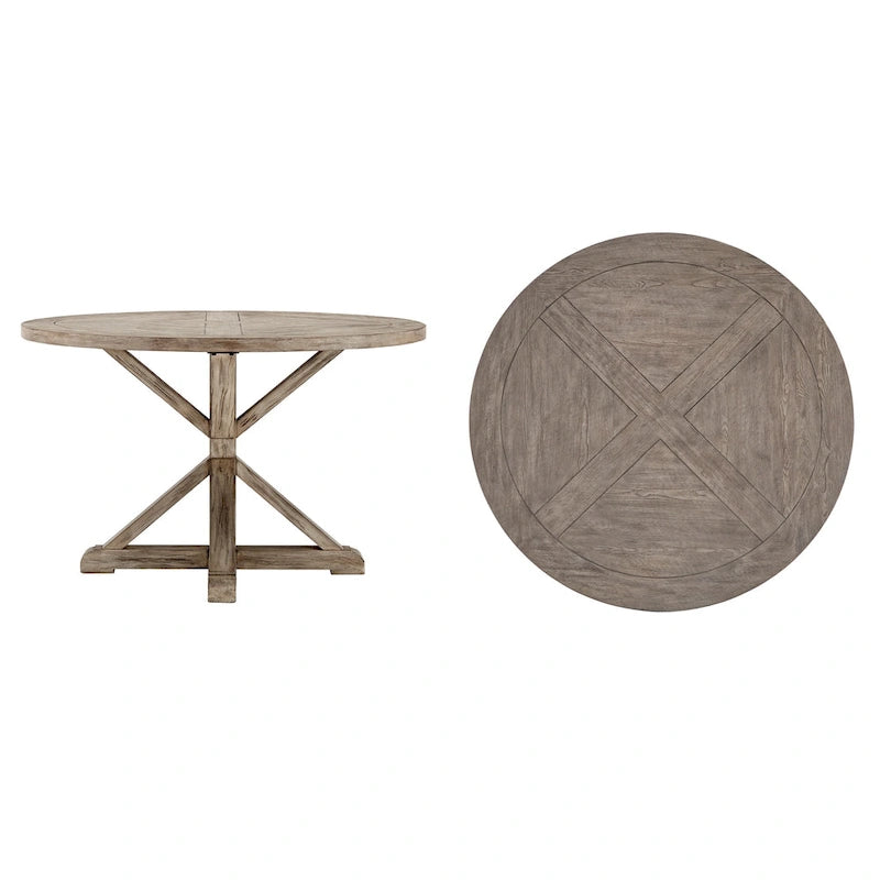 Rustic Round Dining Table with X-Base Pedestal – Distressed Pine Finish