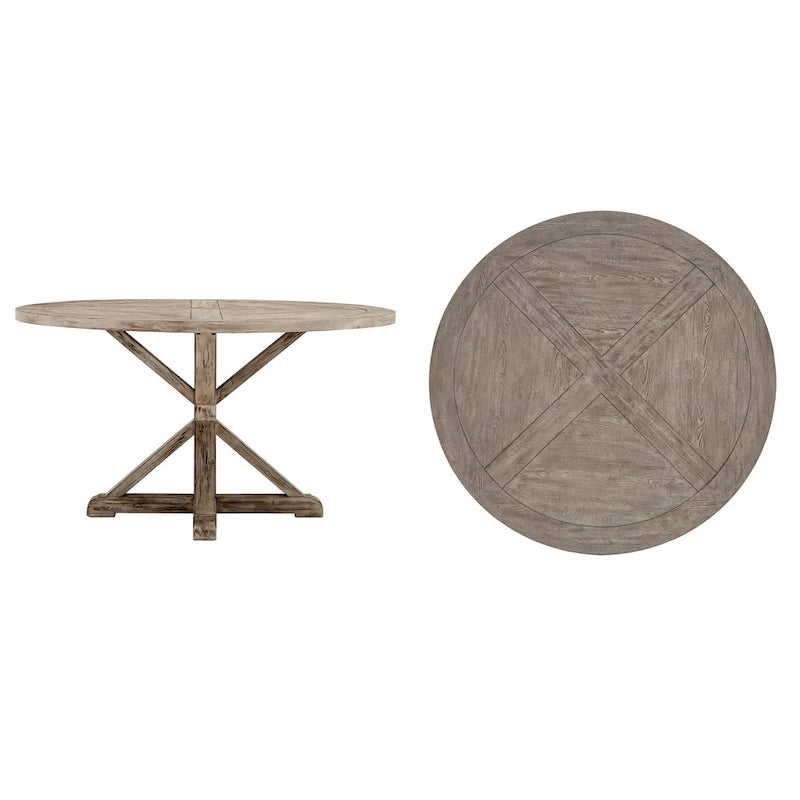 Rustic Round Dining Table with X-Base Pedestal – Distressed Pine Finish