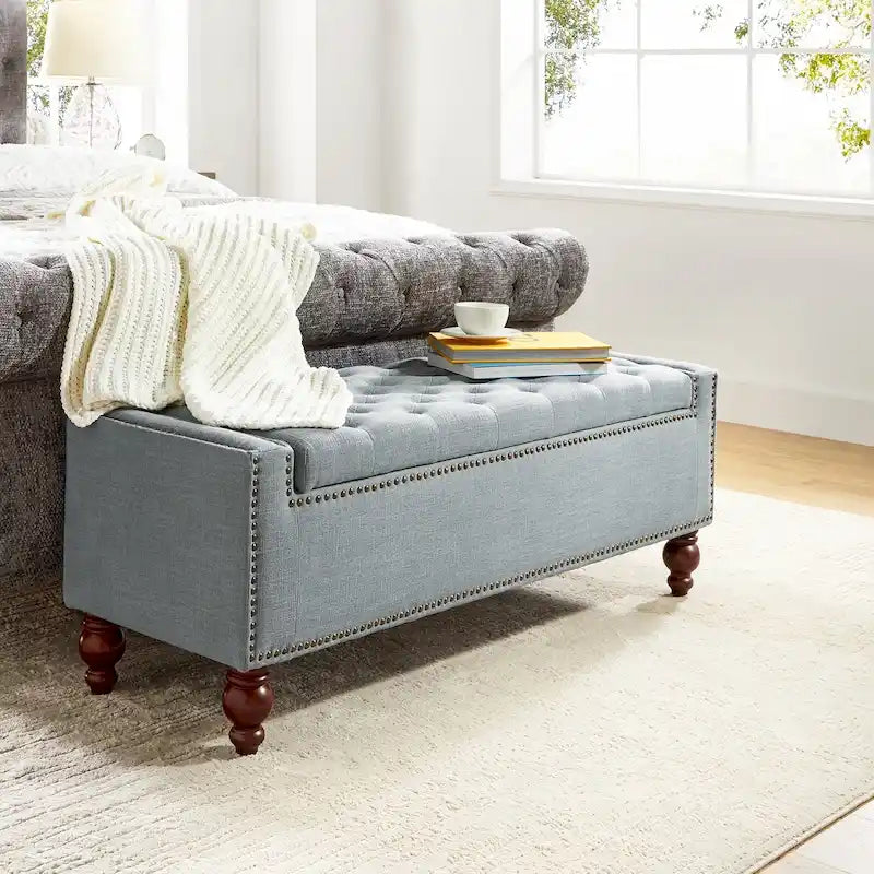 Button-Tufted Flip-Top Storage Bench with Nailhead Trim