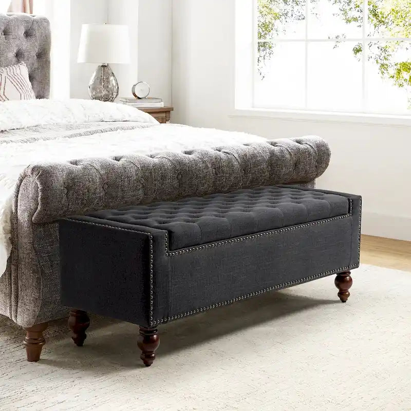 Button-Tufted Flip-Top Storage Bench with Nailhead Trim