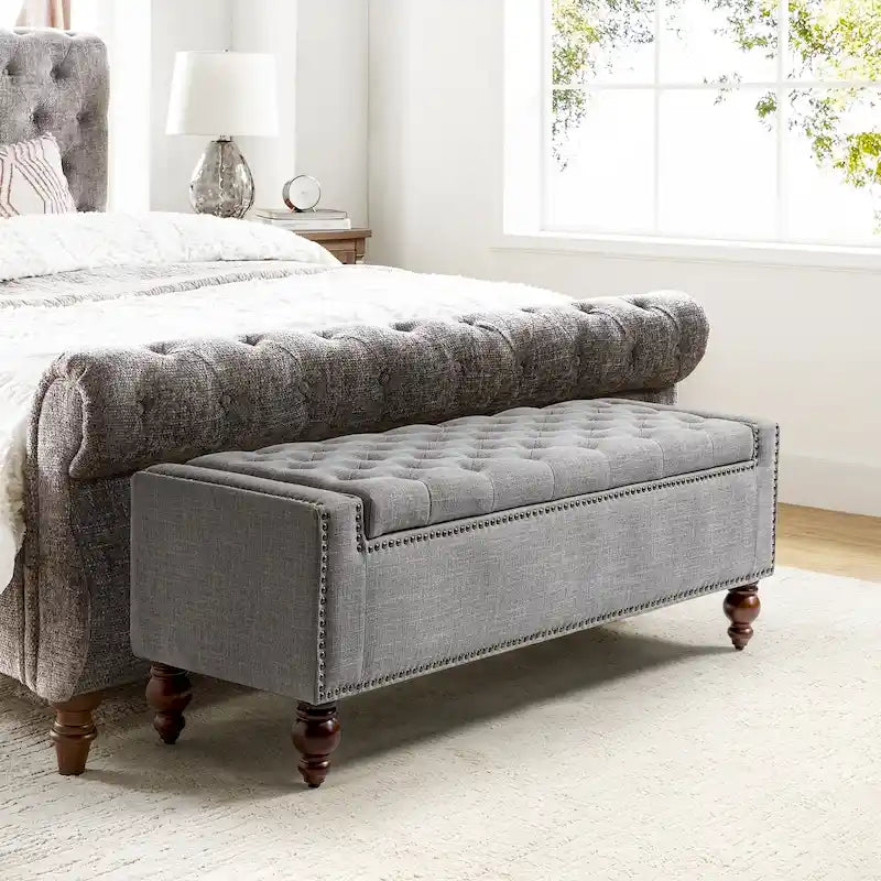 Button-Tufted Flip-Top Storage Bench with Nailhead Trim