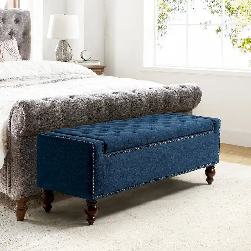 Button-Tufted Flip-Top Storage Bench with Nailhead Trim