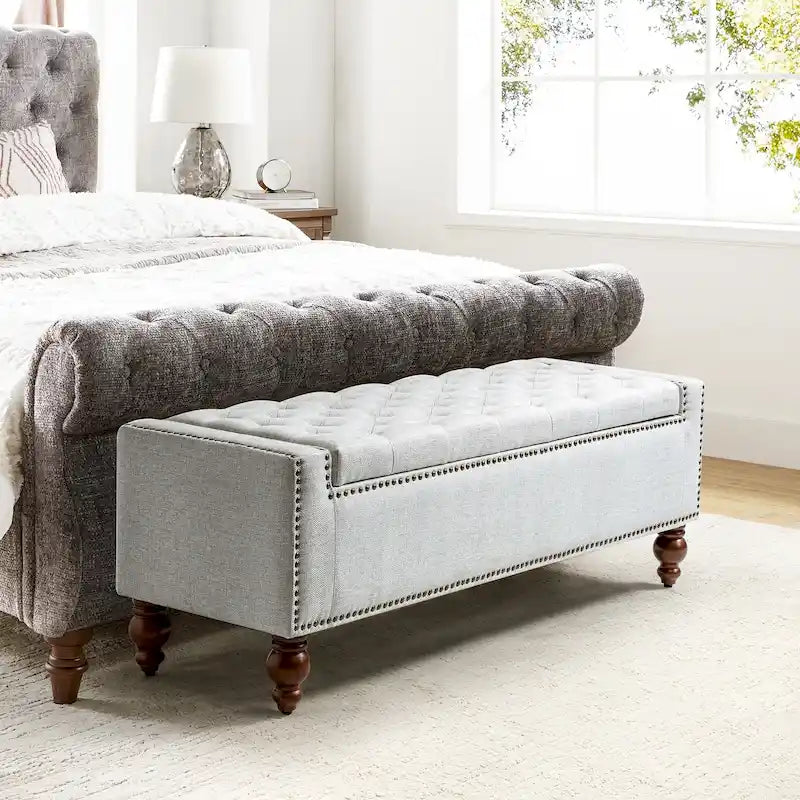 Button-Tufted Flip-Top Storage Bench with Nailhead Trim