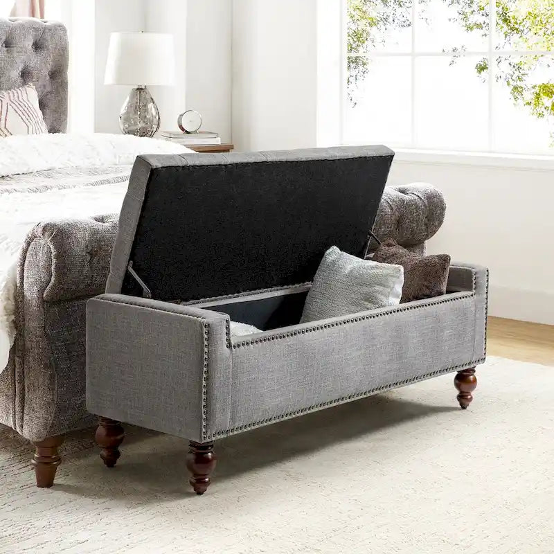 Button-Tufted Flip-Top Storage Bench with Nailhead Trim