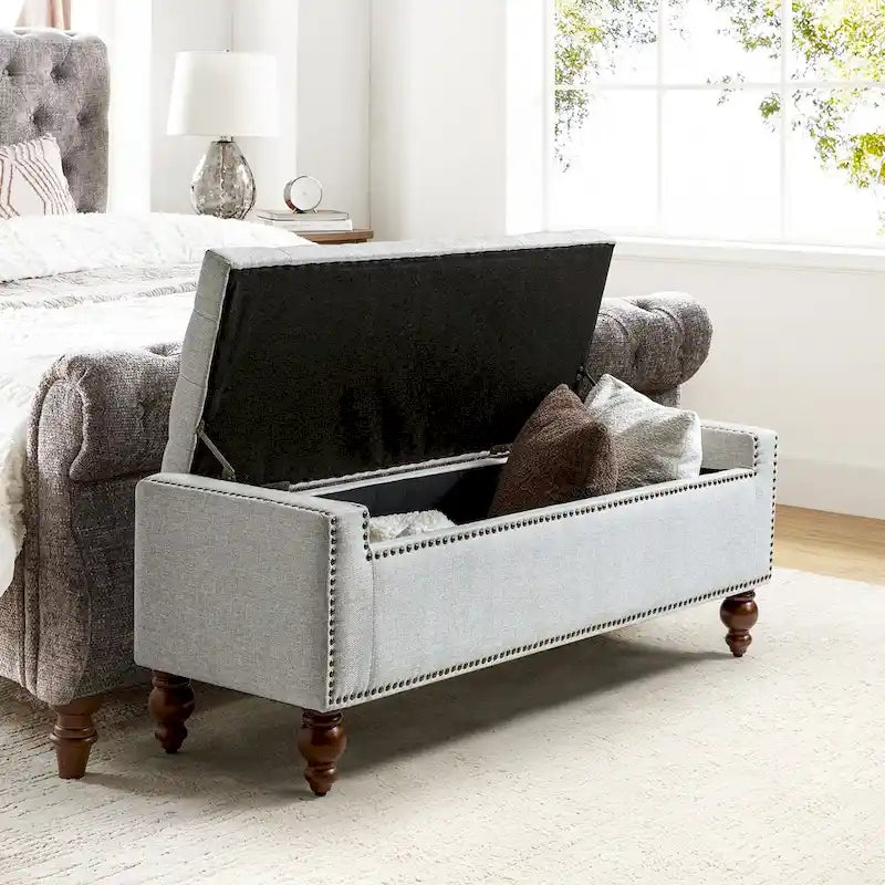 Button-Tufted Flip-Top Storage Bench with Nailhead Trim