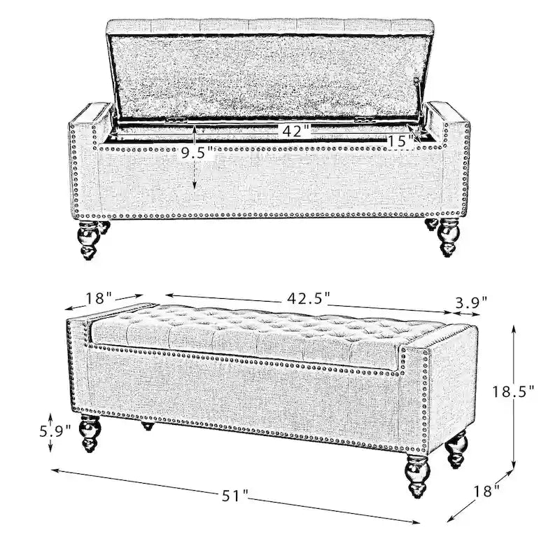 Button-Tufted Flip-Top Storage Bench with Nailhead Trim