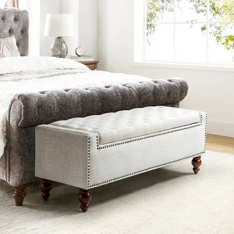 Button-Tufted Flip-Top Storage Bench with Nailhead Trim