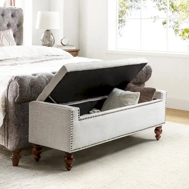 Button-Tufted Flip-Top Storage Bench with Nailhead Trim