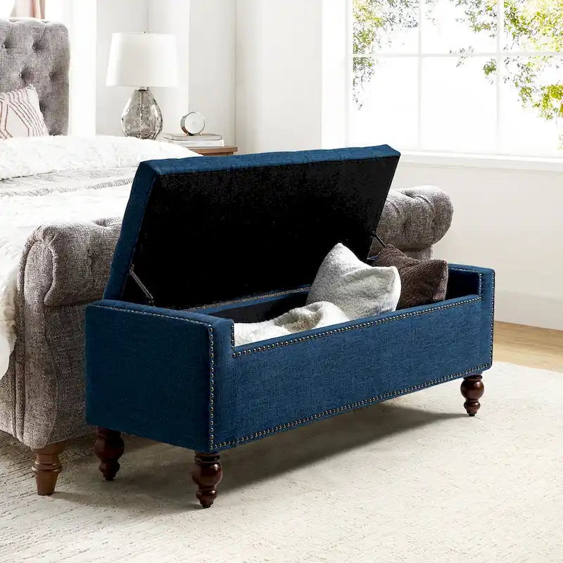 Button-Tufted Flip-Top Storage Bench with Nailhead Trim