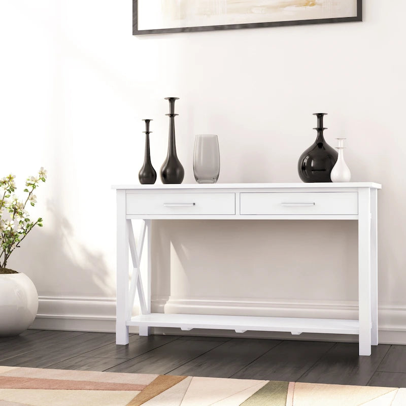 Solid Wood Console Sofa Table with 2 Drawers and Bottom Shelf