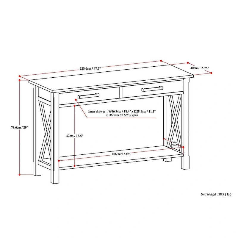 Solid Wood Console Sofa Table with 2 Drawers and Bottom Shelf