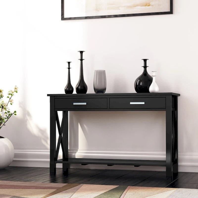 Solid Wood Console Sofa Table with 2 Drawers and Bottom Shelf