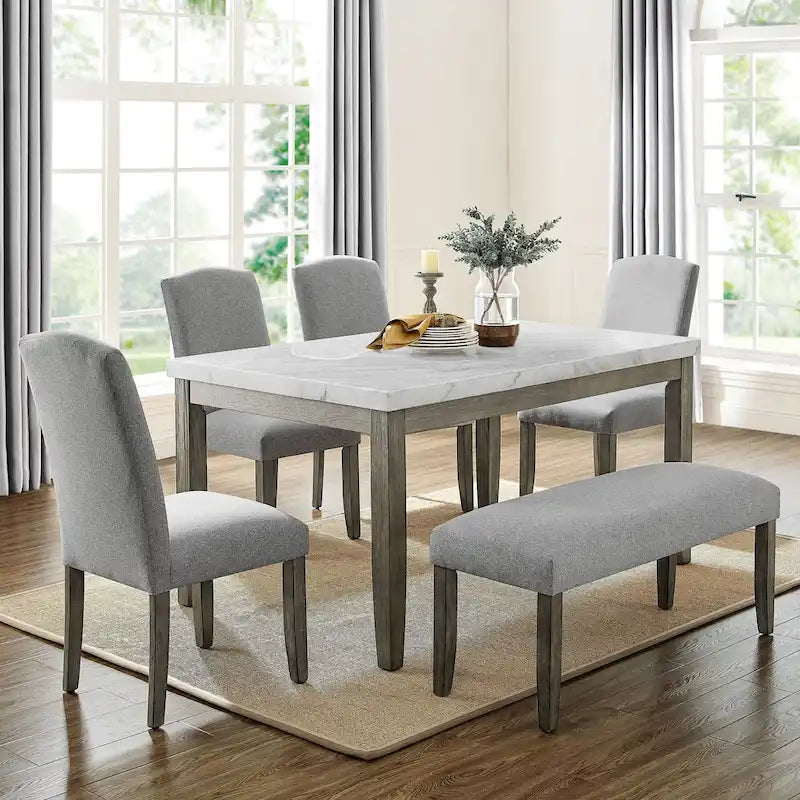 Distressed Grey Upholstered Dining Bench with Memory Foam Seat