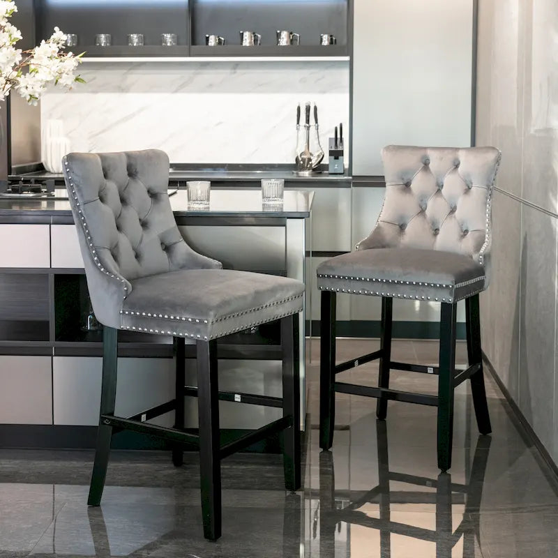 Velvet Upholstered Barstools with Nailhead Trim and Footrest