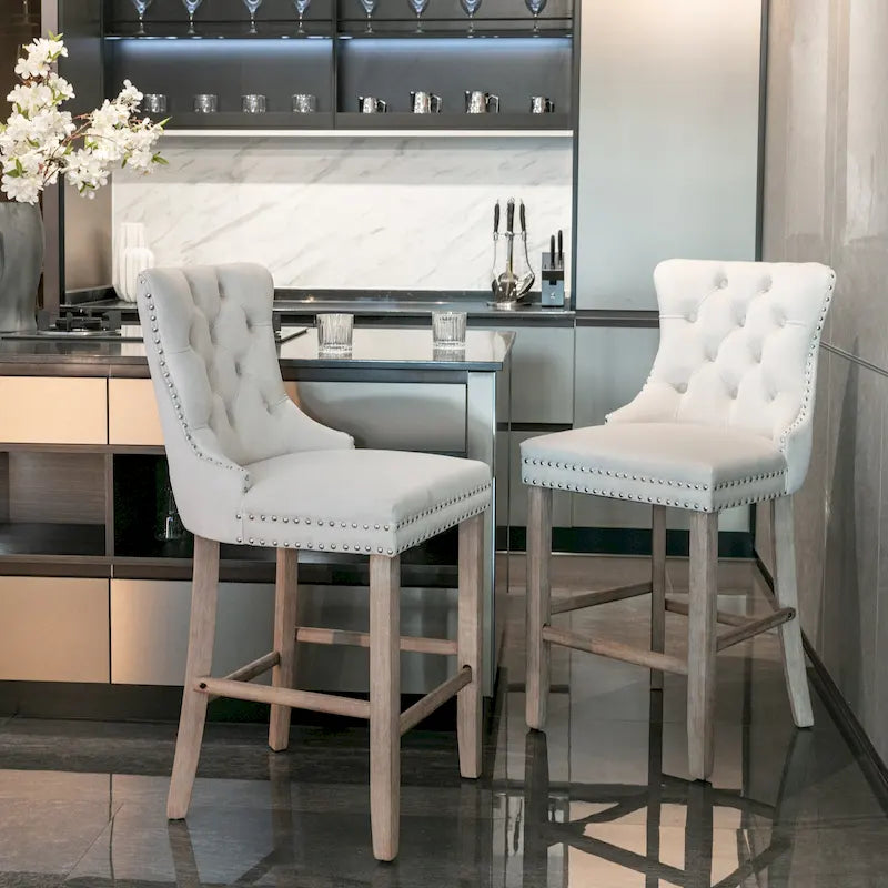 Velvet Upholstered Barstools with Nailhead Trim and Footrest