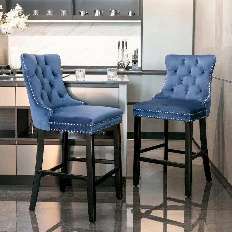 Velvet Upholstered Barstools with Nailhead Trim and Footrest