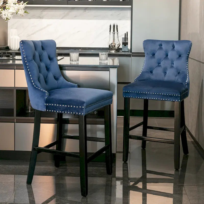 Velvet Upholstered Barstools with Nailhead Trim and Footrest