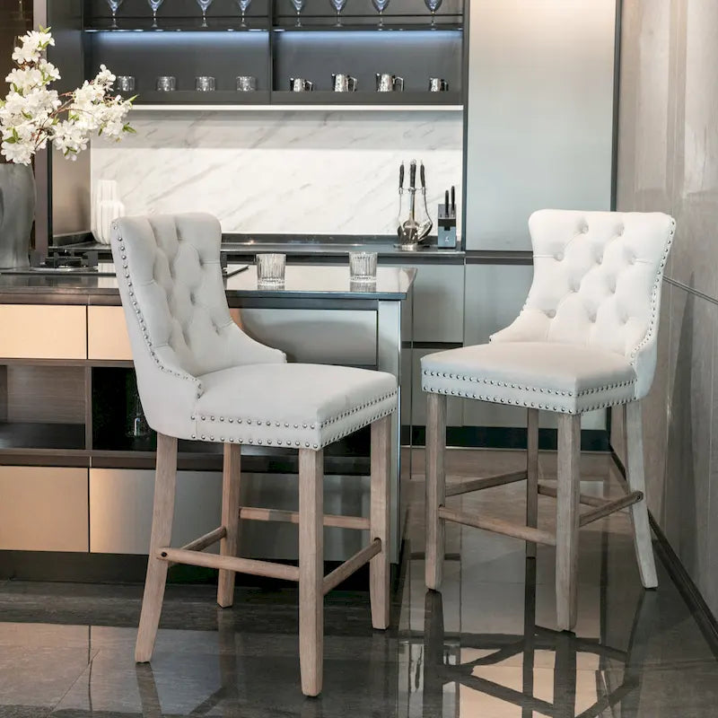Velvet Upholstered Barstools with Nailhead Trim and Footrest