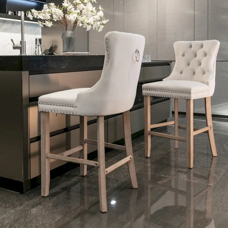 Velvet Upholstered Barstools with Nailhead Trim and Footrest