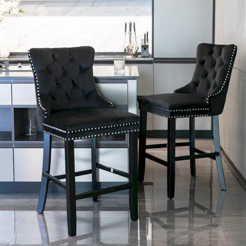 Velvet Upholstered Barstools with Nailhead Trim and Footrest