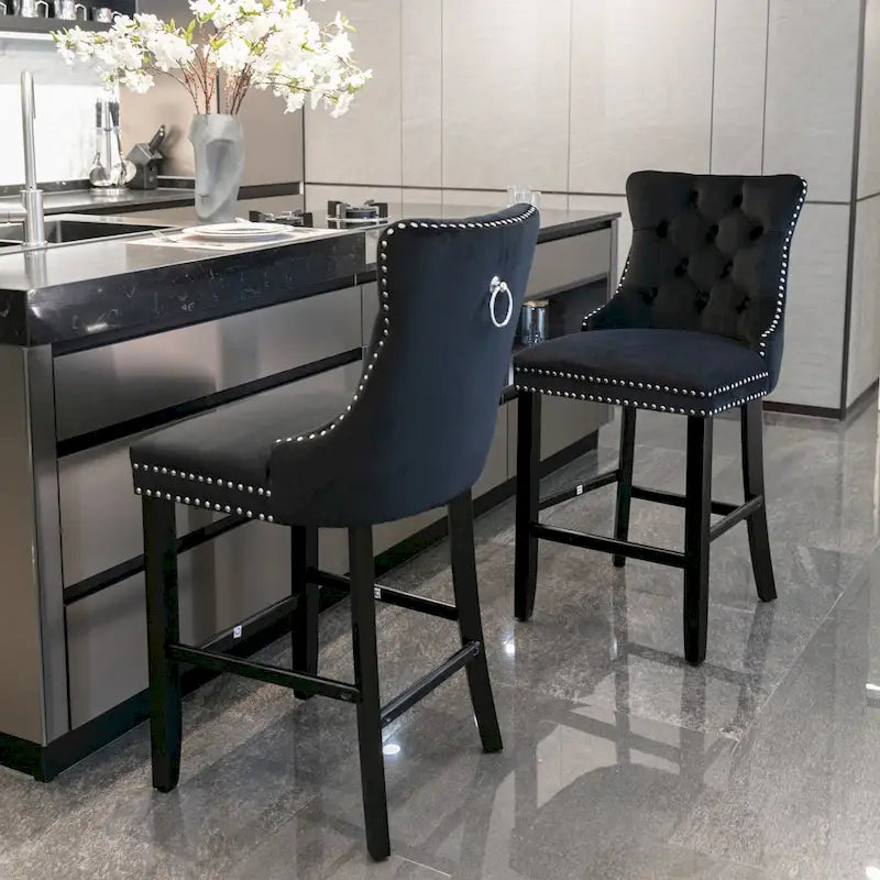 Velvet Upholstered Barstools with Nailhead Trim and Footrest