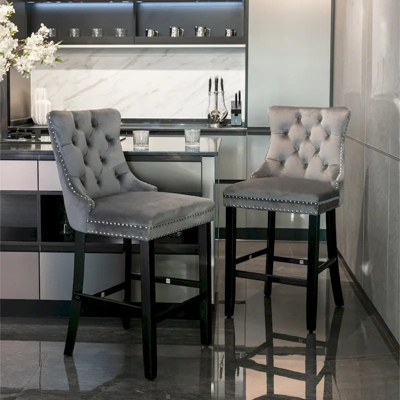 Velvet Upholstered Barstools with Nailhead Trim and Footrest