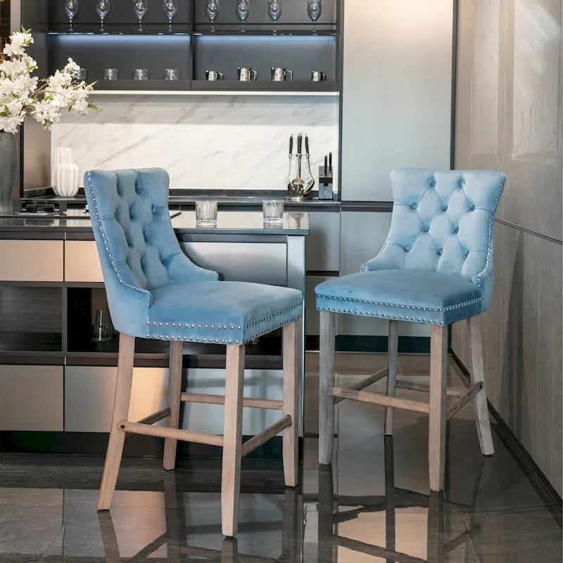 Velvet Upholstered Barstools with Nailhead Trim and Footrest