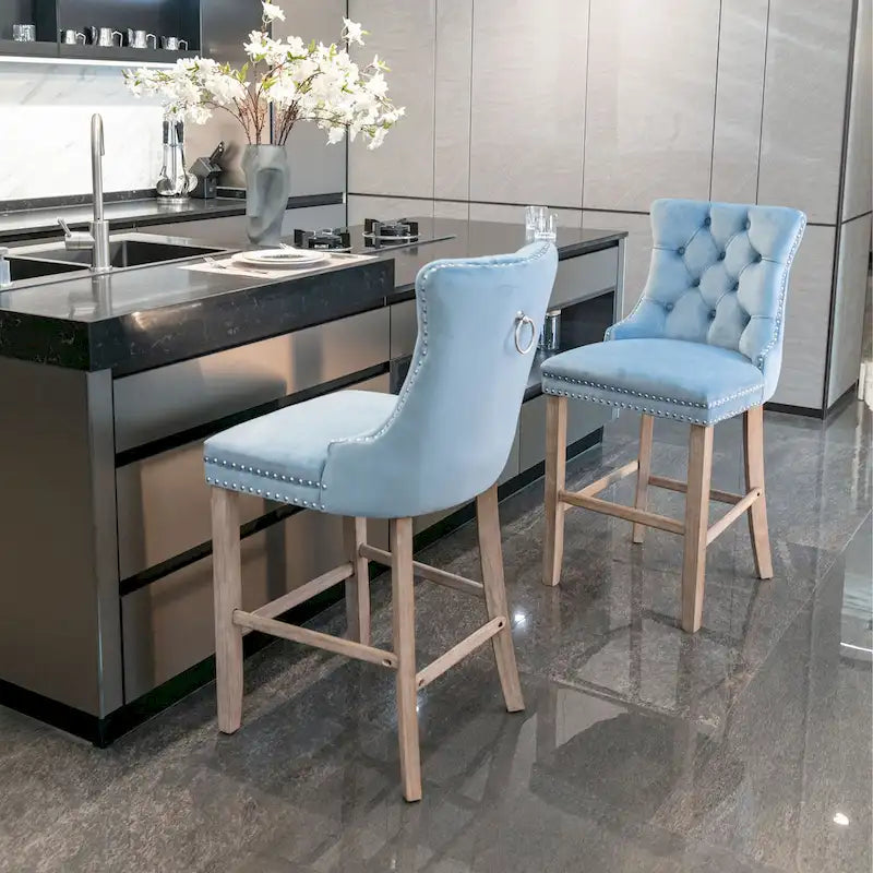 Velvet Upholstered Barstools with Nailhead Trim and Footrest