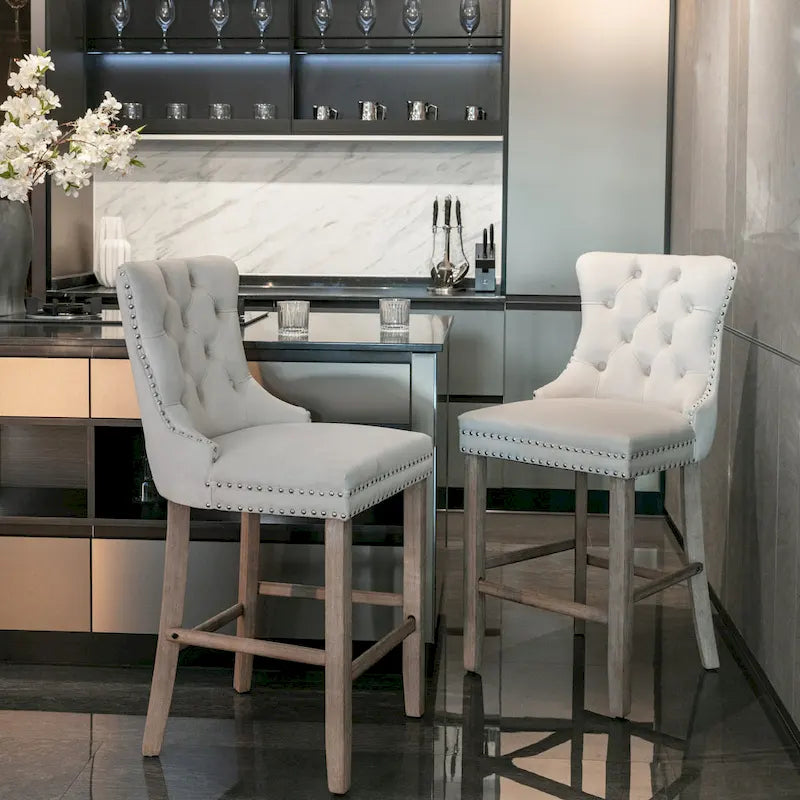 Velvet Upholstered Barstools with Nailhead Trim and Footrest