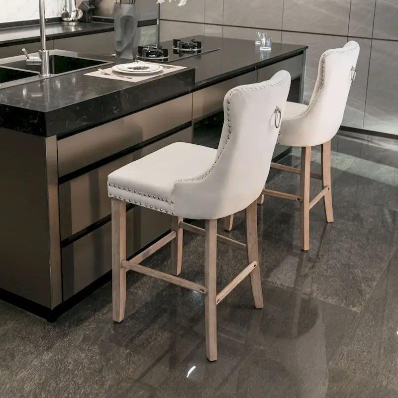 Velvet Upholstered Barstools with Nailhead Trim and Footrest