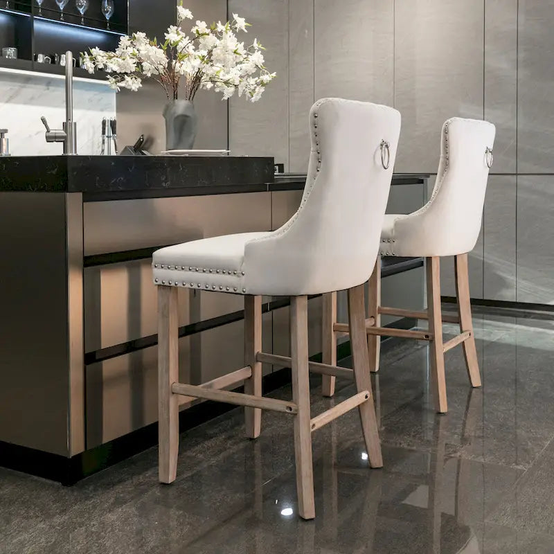 Velvet Upholstered Barstools with Nailhead Trim and Footrest