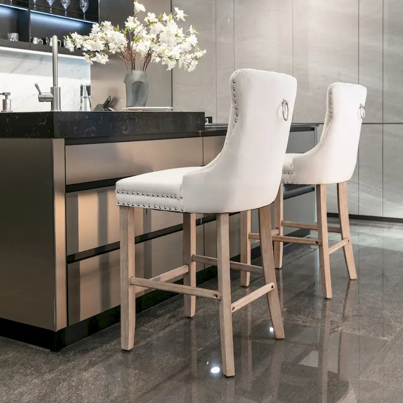 Velvet Upholstered Barstools with Nailhead Trim and Footrest