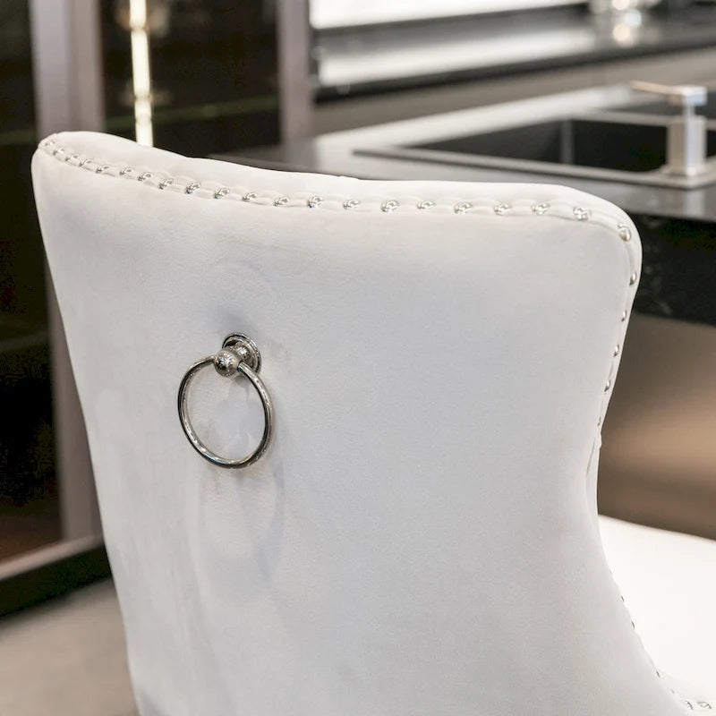Velvet Upholstered Barstools with Nailhead Trim and Footrest