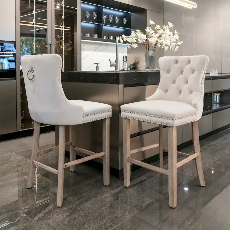 Velvet Upholstered Barstools with Nailhead Trim and Footrest