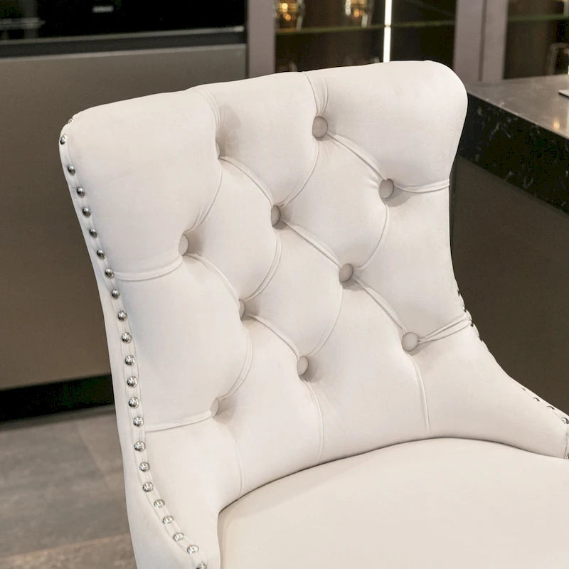 Velvet Upholstered Barstools with Nailhead Trim and Footrest