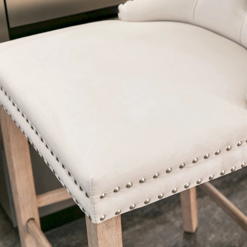 Velvet Upholstered Barstools with Nailhead Trim and Footrest