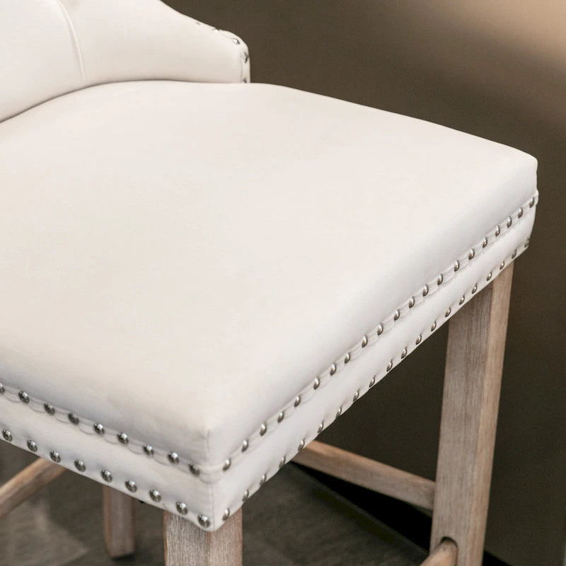 Velvet Upholstered Barstools with Nailhead Trim and Footrest