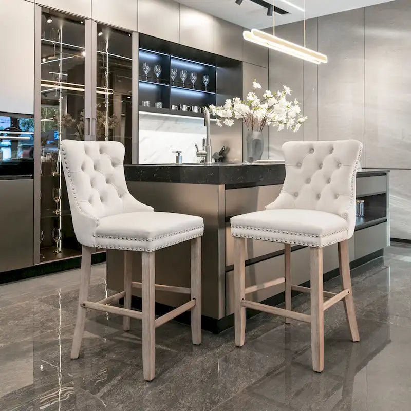 Velvet Upholstered Barstools with Nailhead Trim and Footrest