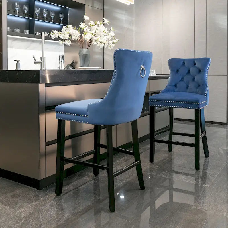 Velvet Upholstered Barstools with Nailhead Trim and Footrest