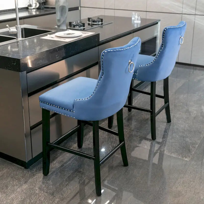 Velvet Upholstered Barstools with Nailhead Trim and Footrest