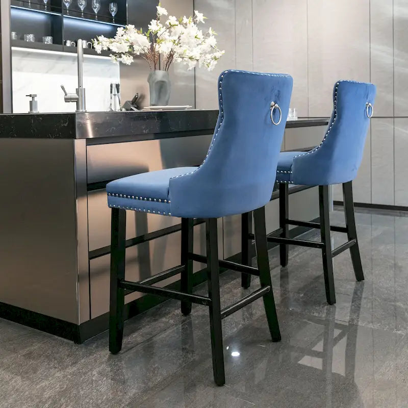 Velvet Upholstered Barstools with Nailhead Trim and Footrest